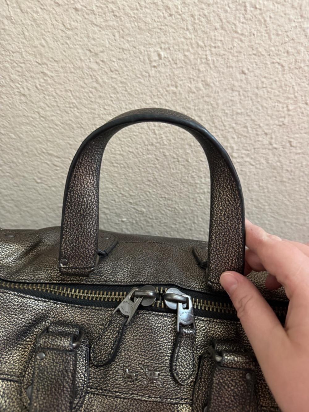 Coach Rhyder Satchel Metallic Two Tone Leather Brass Black - Style 33739 - Picture 15 of 16